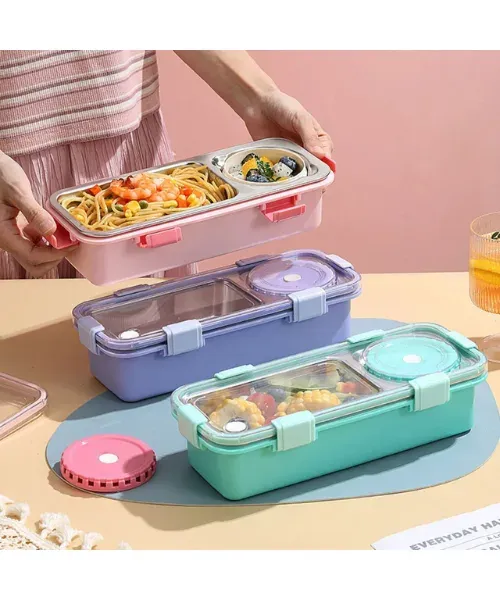 2 GRID  BENTO LUNCH BOX WITH SAUCE BOWL (stainless steel) | Peekaboo Kids Mart