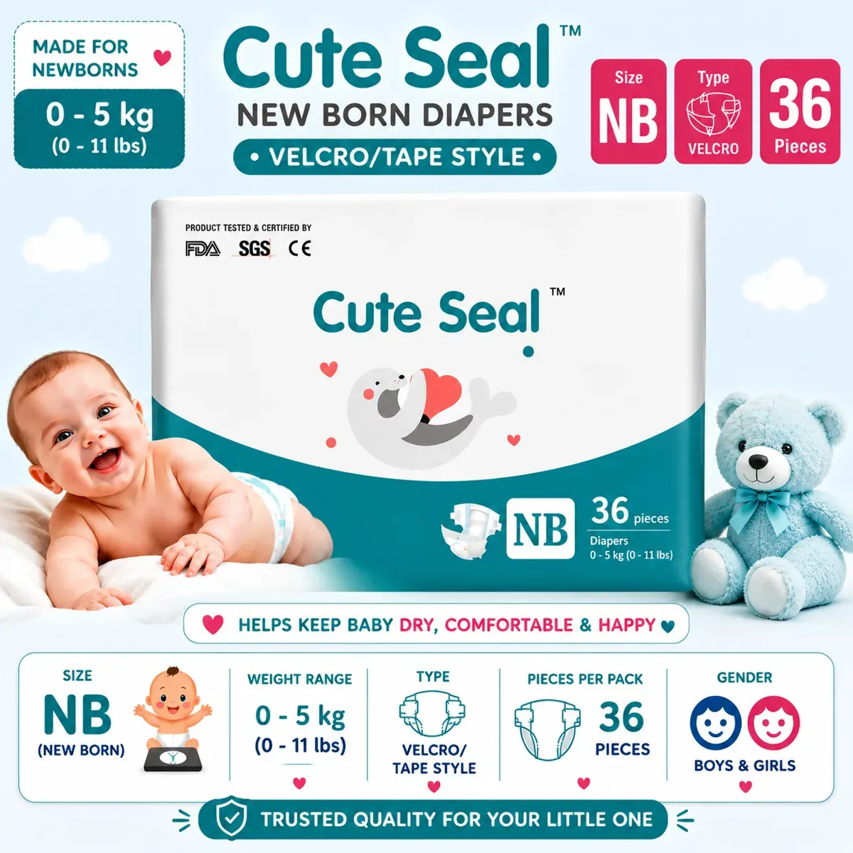 cuteseal-newborn-diapers-0-to-5-kg-velcro-tape-36-pcs – BABY DIAPERS | Peekaboo Kids Mart