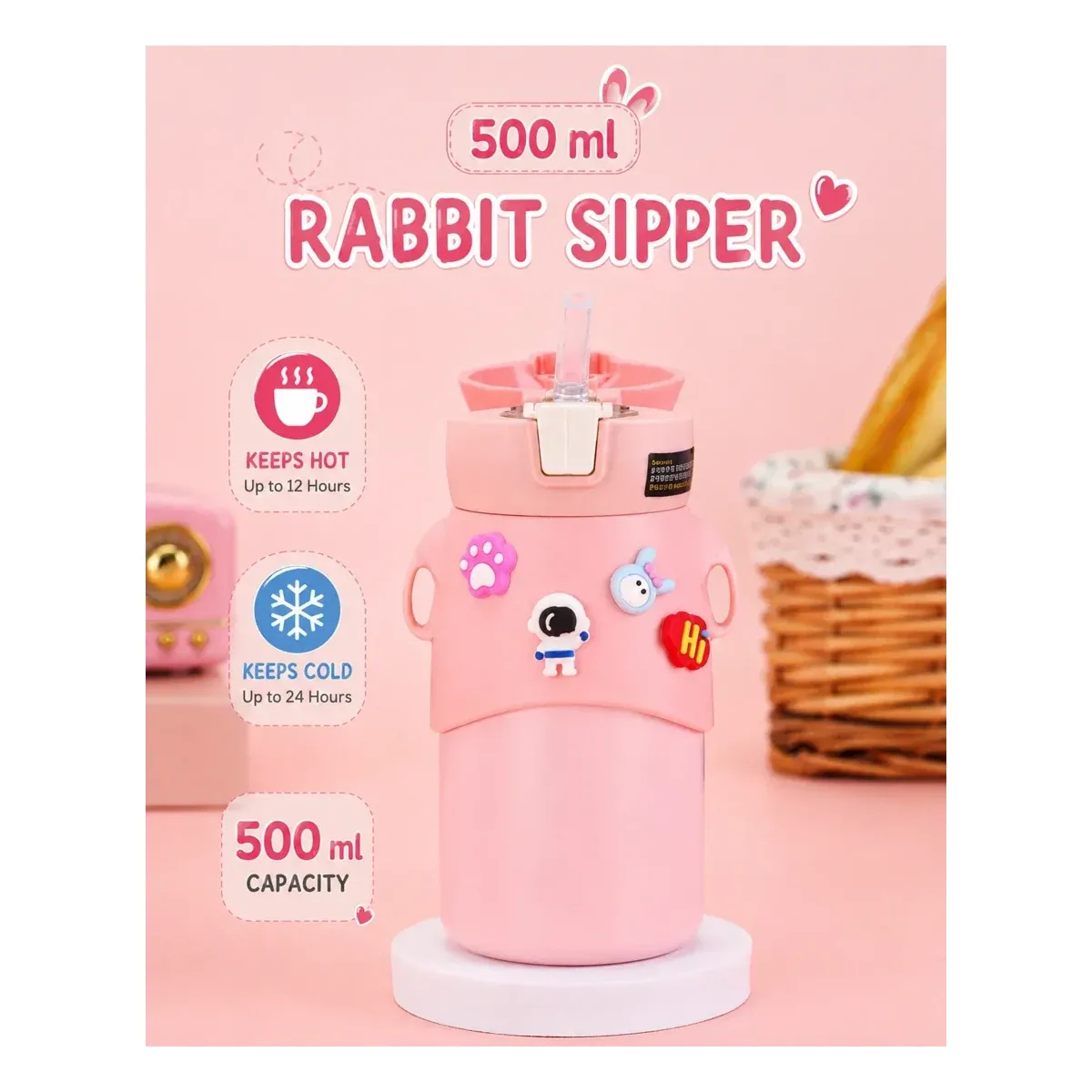 500ml Rabbit Kids Insulated Sipper Bottle with Straw | Stainless Steel Hot & Cold Water Bottle | Peekaboo Kids Mart